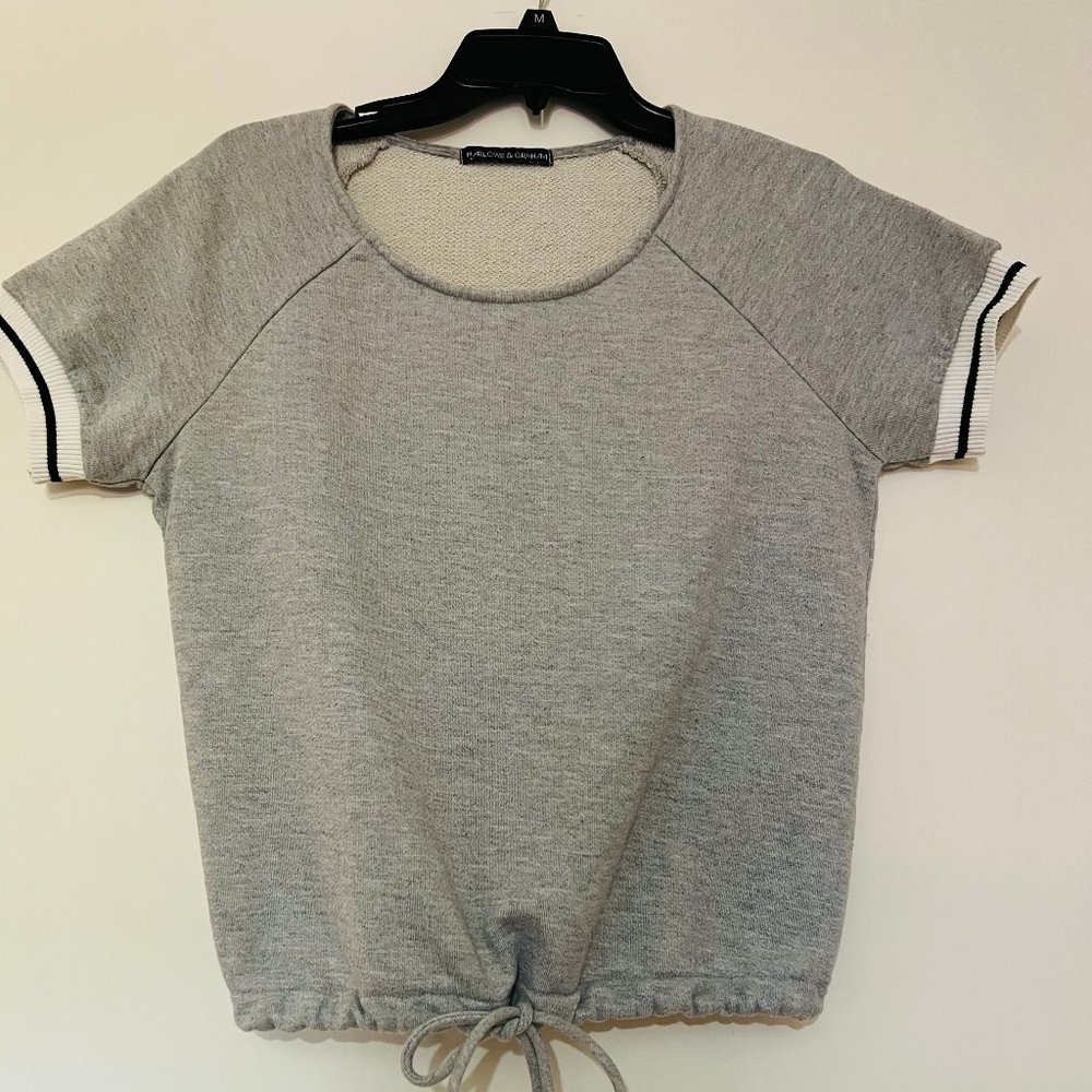Harlowe and Graham grey sweatshirt with striped sleeves and cinched tie waist